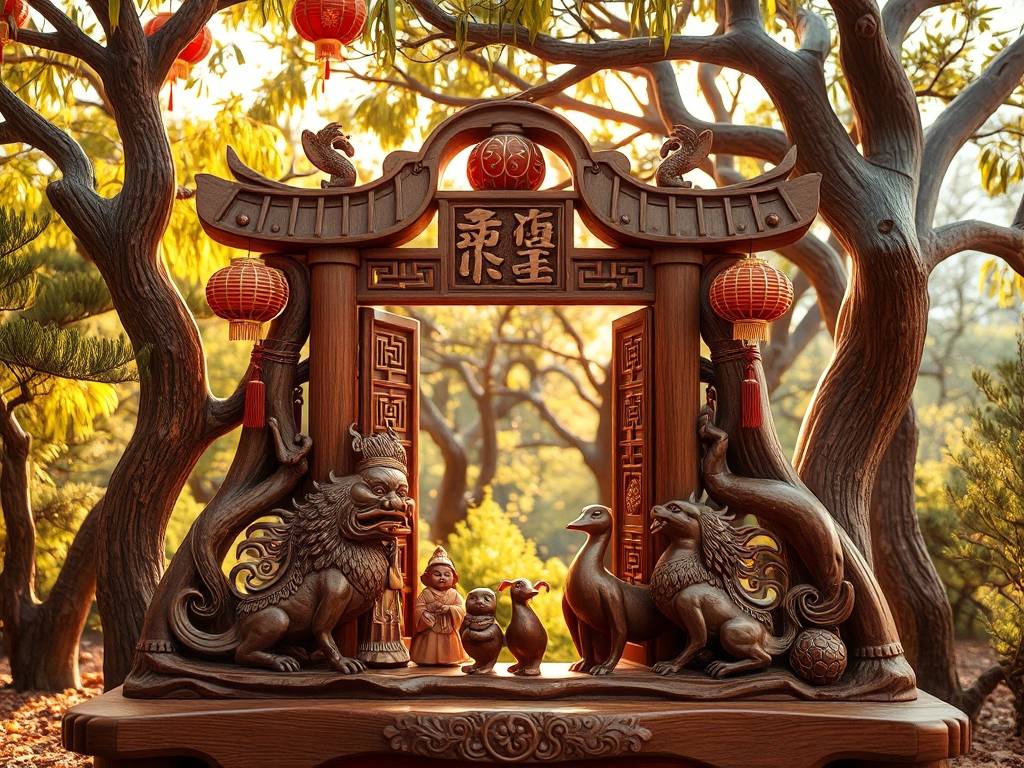 五福临门木雕摆件风水