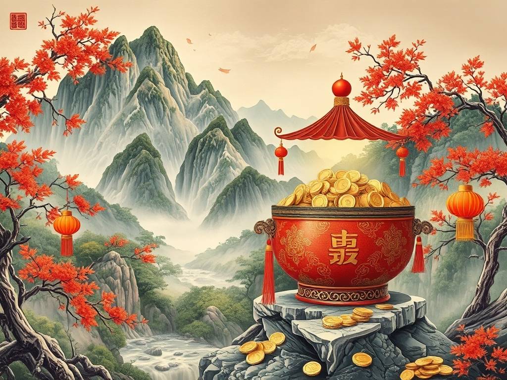 聚财好运的山水画 客厅挂聚宝盆山水画可聚财